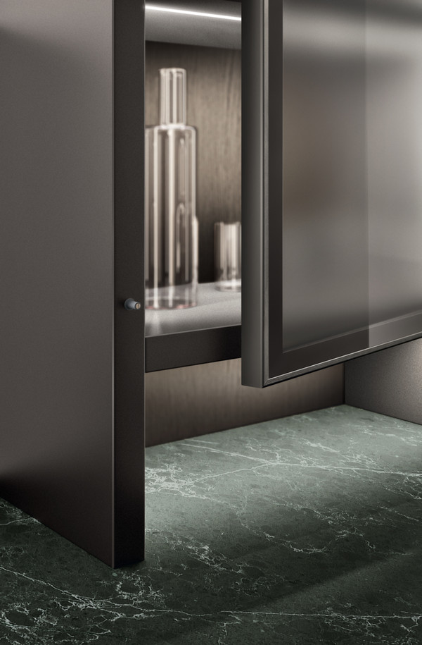 深色钢饰面铝制框架门板，配烟熏色玻璃 &nbsp;